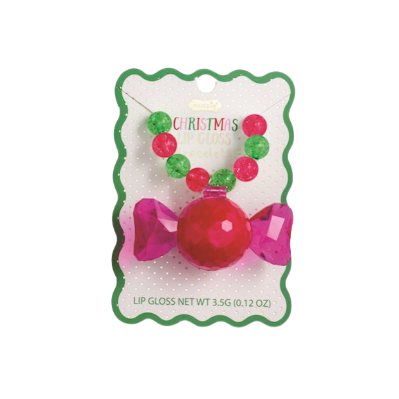 Christmas Lip Gloss Bracelet with red and green beads and a pink candy-shaped lip gloss charm.