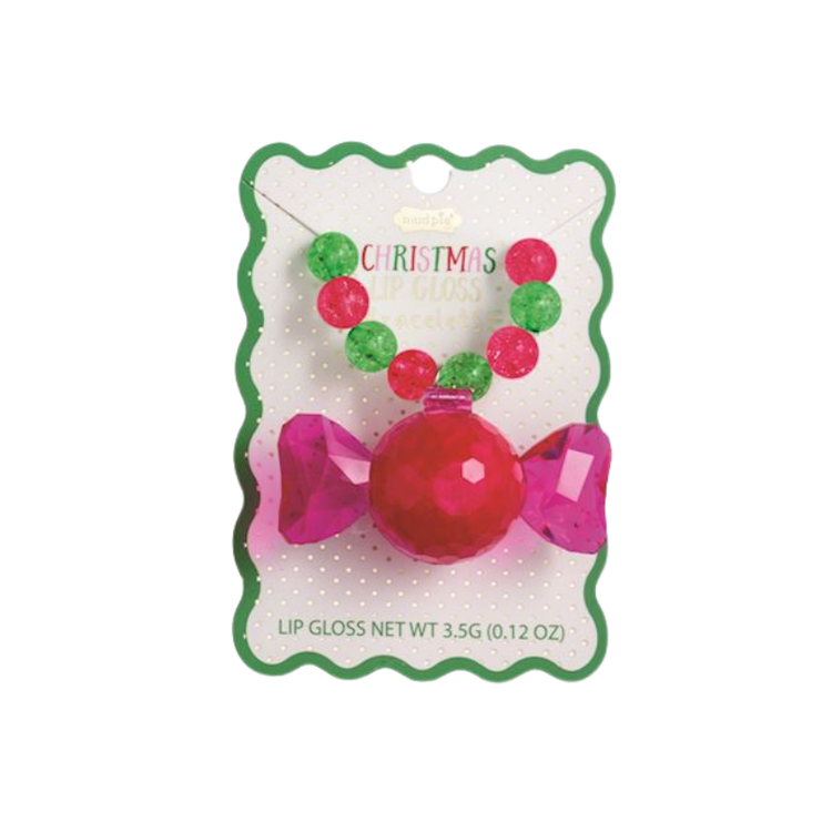 Christmas Lip Gloss Bracelet with red and green beads and a pink candy-shaped lip gloss charm.