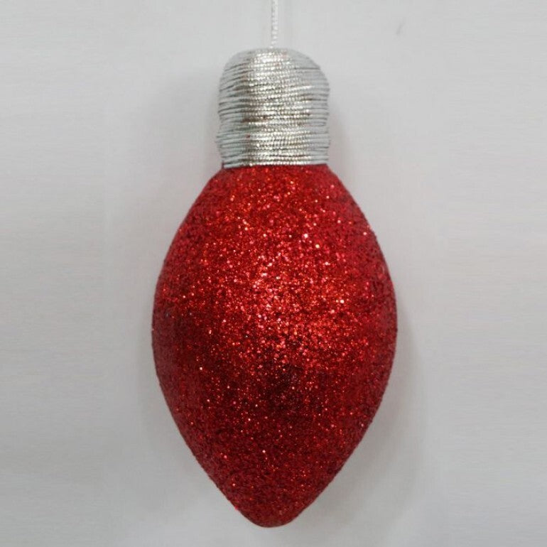 7-inch glitter lightbulb ornament with a clear glass finish.