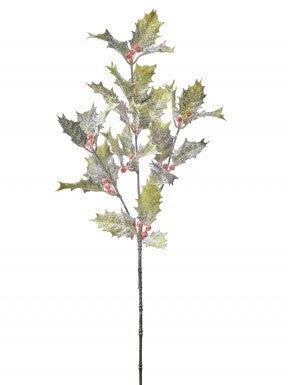 27-inch Iced Southern Holly Spray with green leaves and red berries on a single stem.