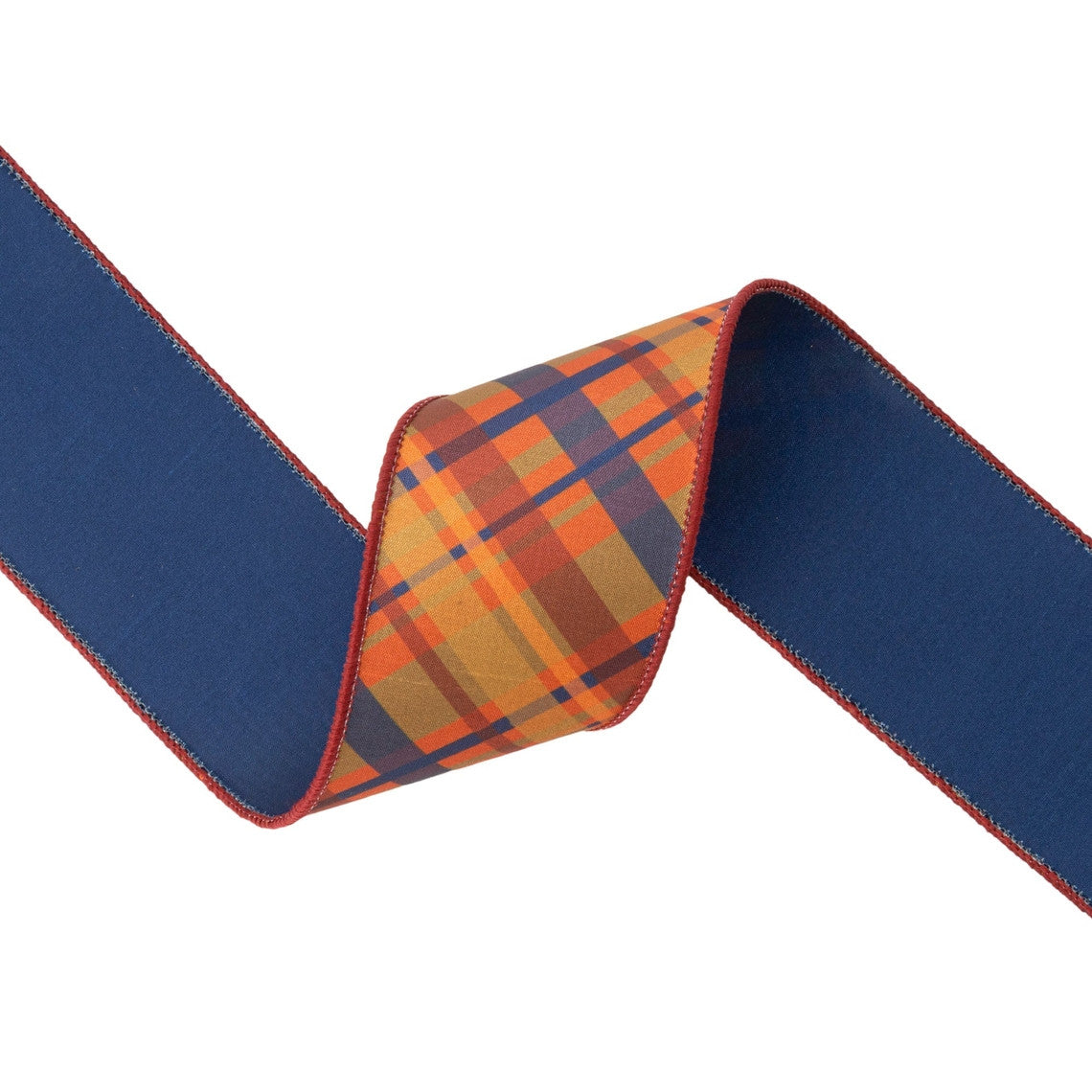 2.5 inch wired dupioni ribbon with blue and orange fall plaid pattern and solid blue backing.
