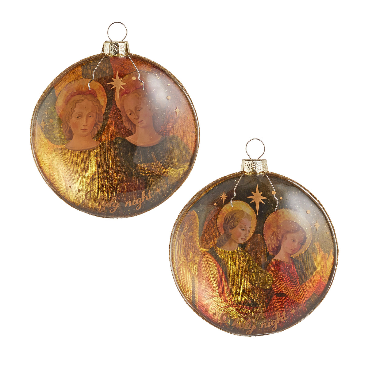 Two 4-inch glass disc ornaments featuring vintage-style angels and the words "Holy Night."