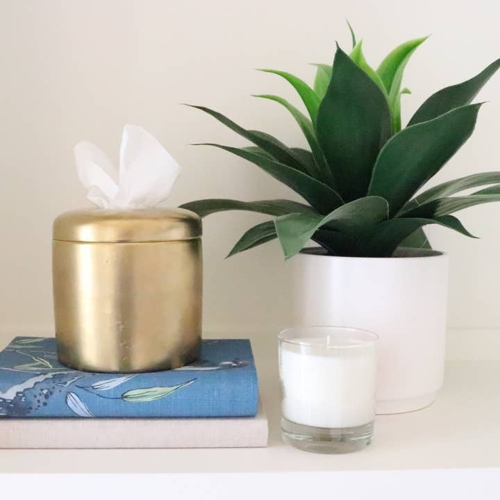 Gold ceramic tissue vessel on a blue book next to a white potted plant and candle.