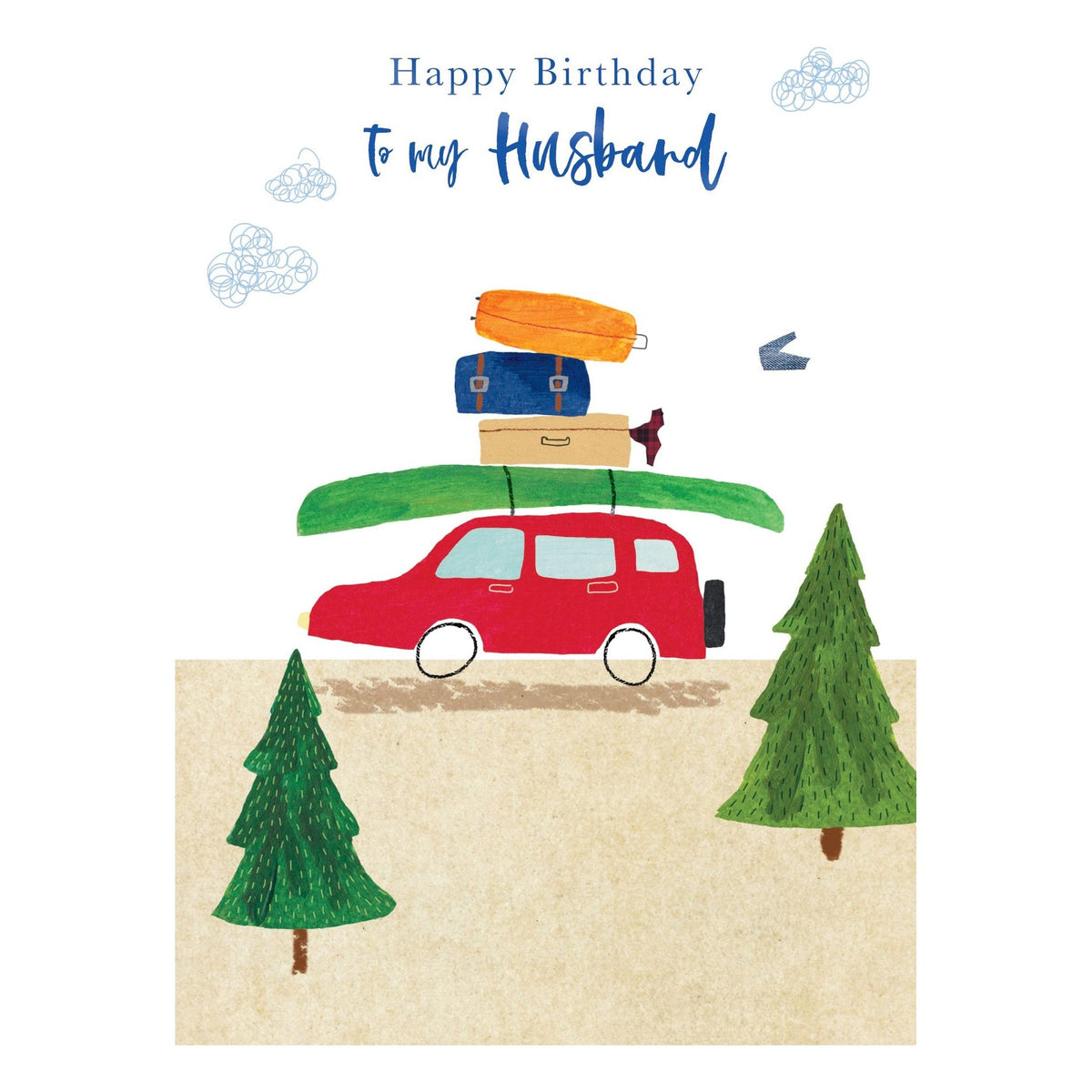 Birthday card with foil glitter refinements showing 'Happy Birthday to my Husband' outside and a road trip message inside.