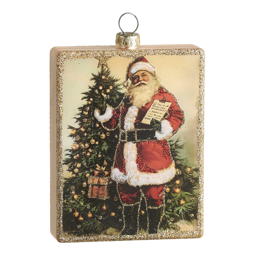 4.5-inch square glass ornament featuring a vintage Santa Claus with a list by a Christmas tree.