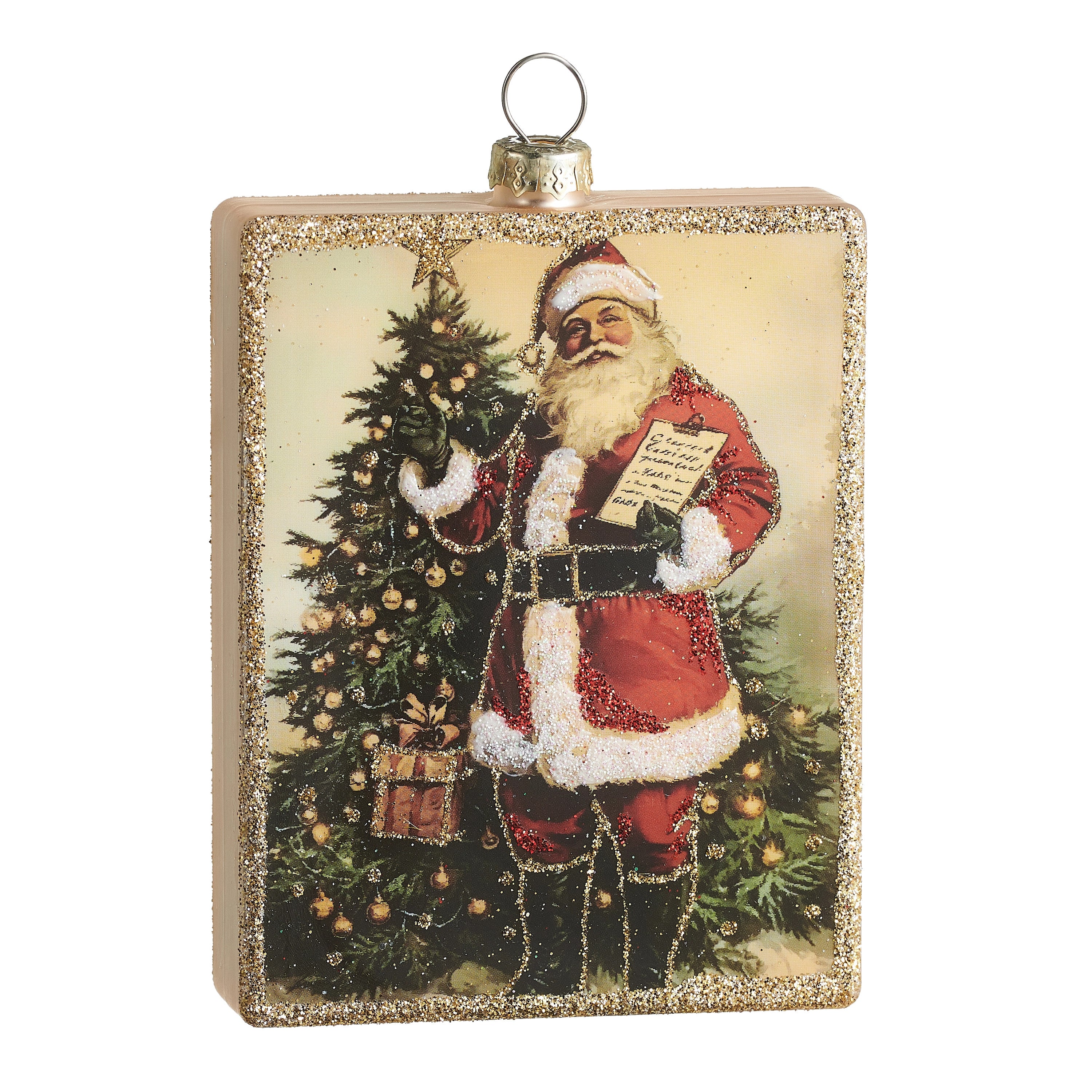 4.5-inch square glass ornament featuring a vintage Santa Claus with a list by a Christmas tree.