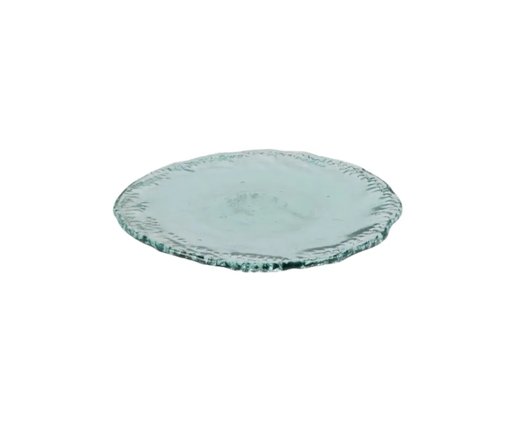 Round recycled glass plate with a textured rim and transparent light green tint, 38cm diameter.