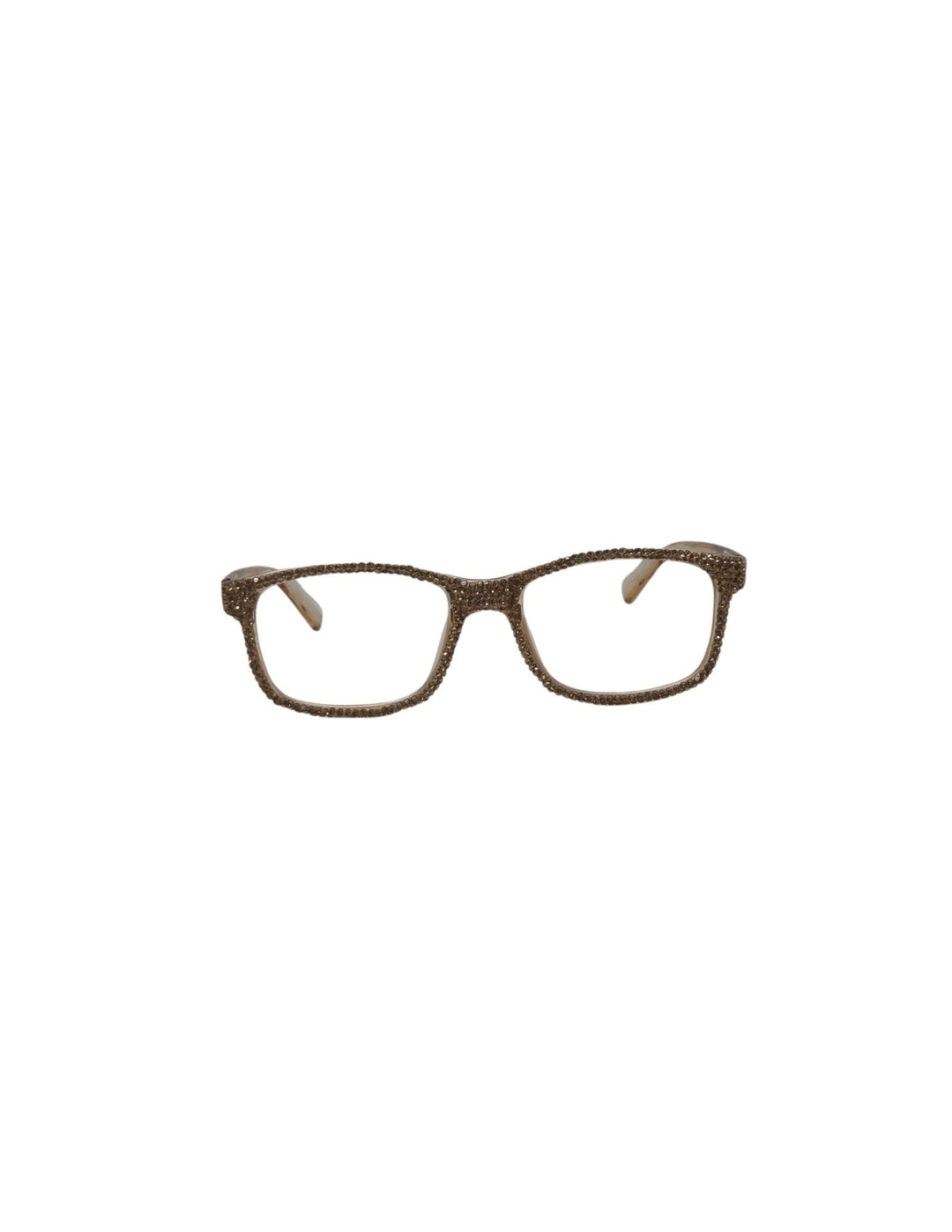 Rectangular reading glasses with brown frames fully embellished with sparkling rhinestones.
