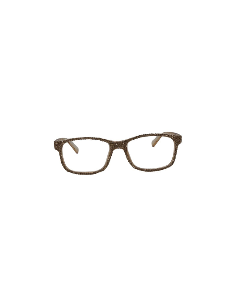 Rectangular reading glasses with brown frames fully embellished with sparkling rhinestones.