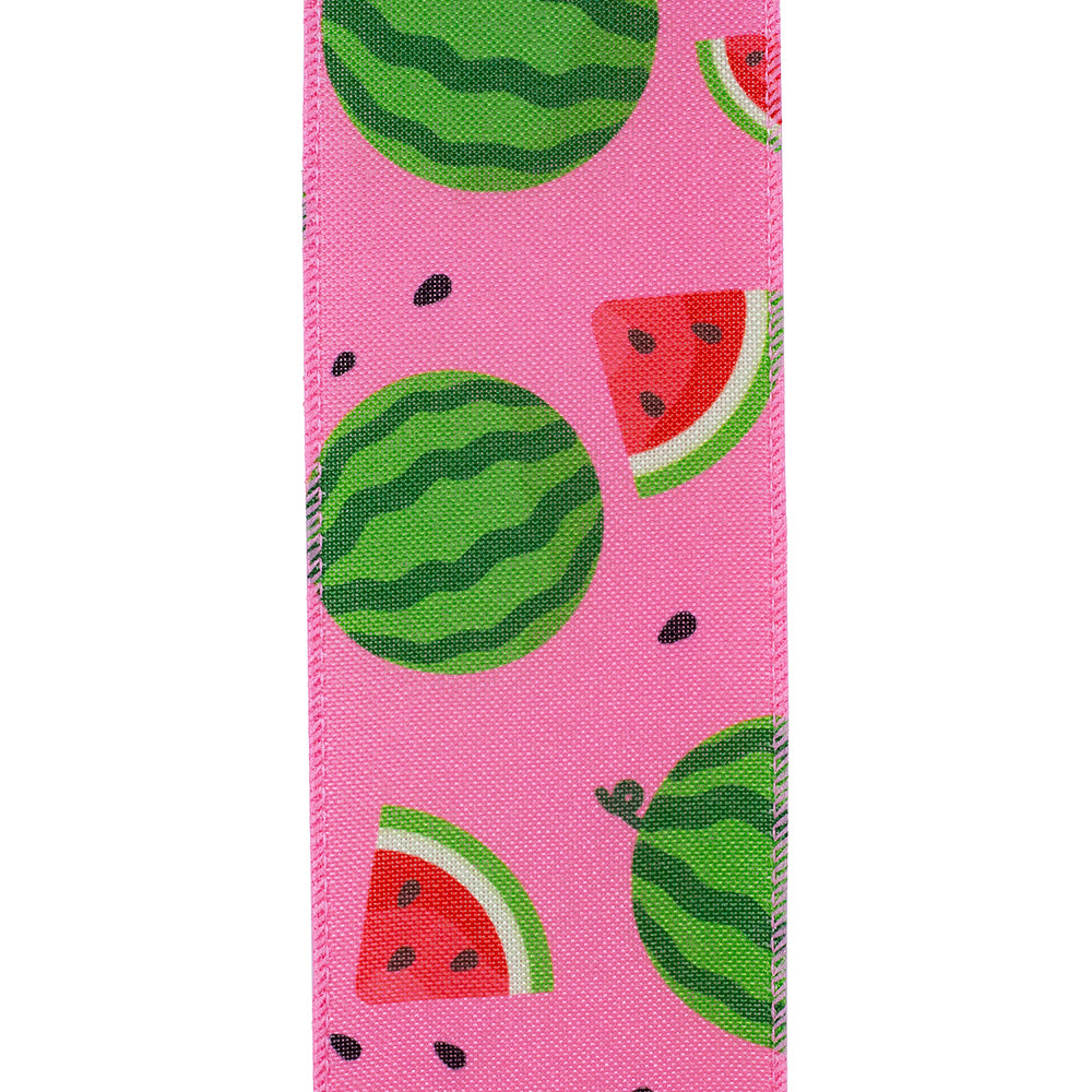 Pink linen wired edge trim with watermelon print featuring scattered seed motifs.