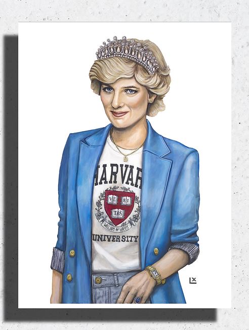 Illustration of Princess Diana wearing a tiara, blue blazer, and Harvard t-shirt.
