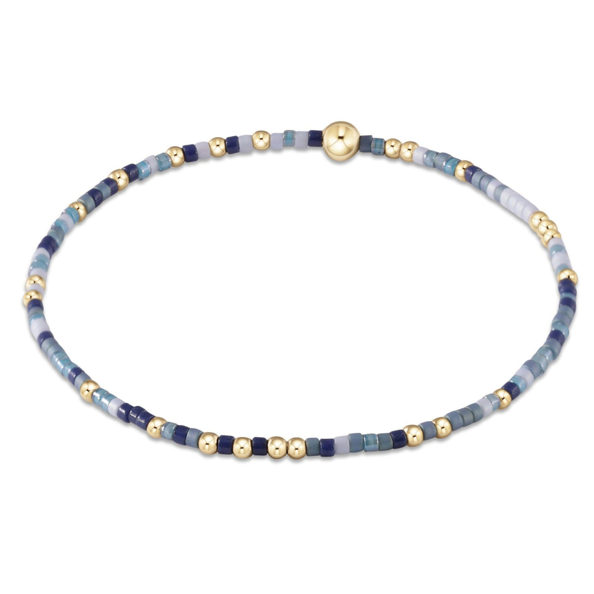 Hope Unwritten bracelet featuring mixed seed beads in various colors with gold-filled accents on elastic cord.