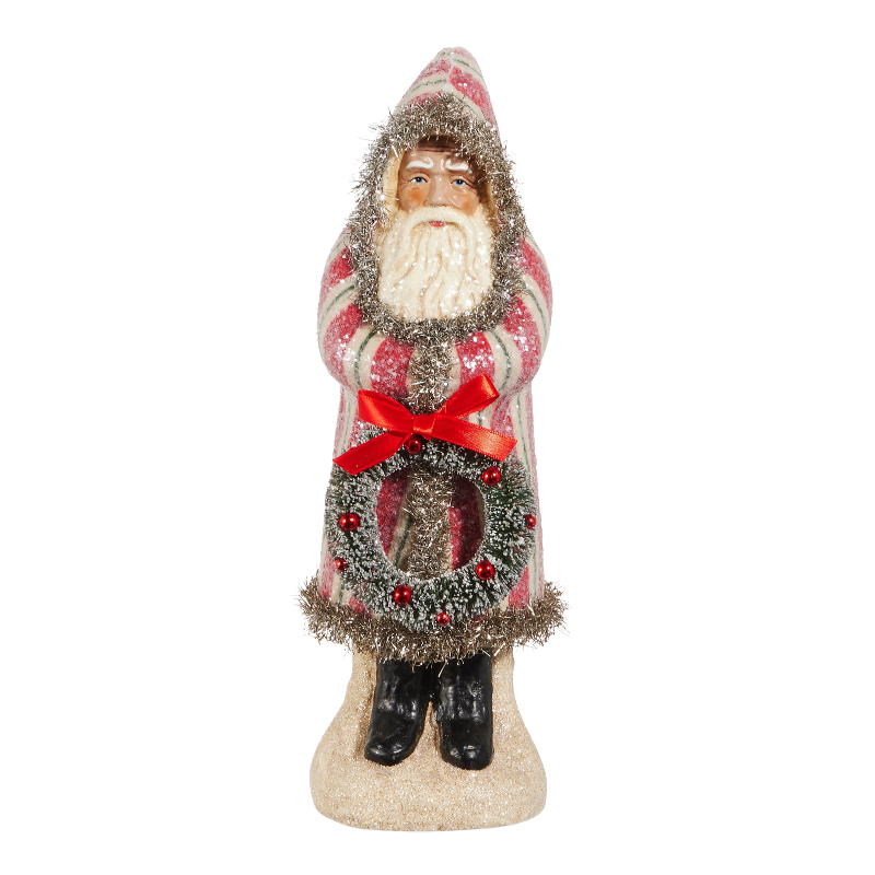 12-inch Old World Santa figurine in a red and white striped robe holding a small wreath.