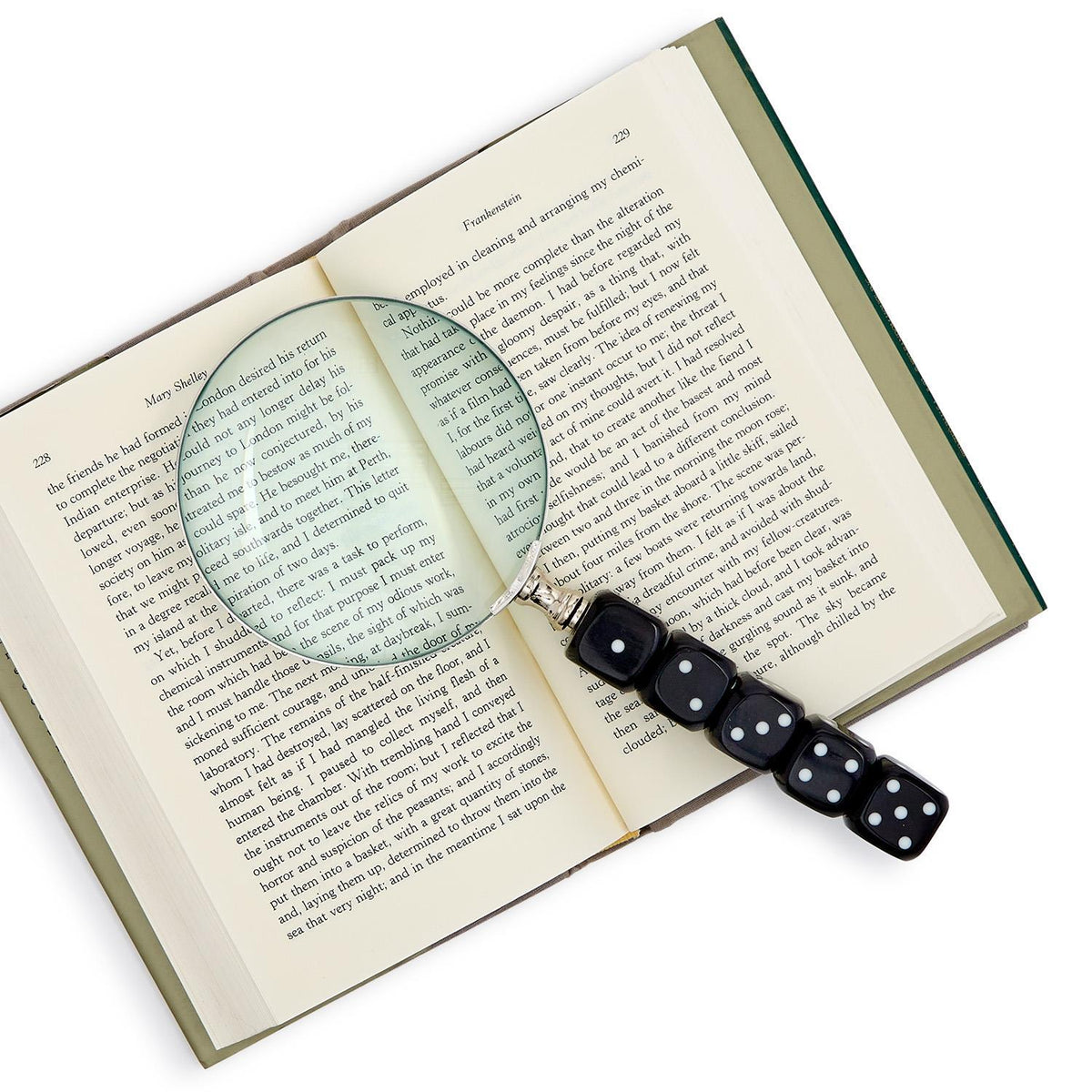 Magnifier with a black dice-shaped handle resting on an open copy of the book Frankenstein.