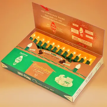 Tru-Tone Candleglow 25-light set of vintage-style LED Christmas bulbs in a classic display box.