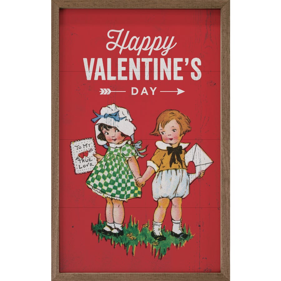 Vintage red Valentine's Day wooden plaque with hand-painted face in natural walnut frame