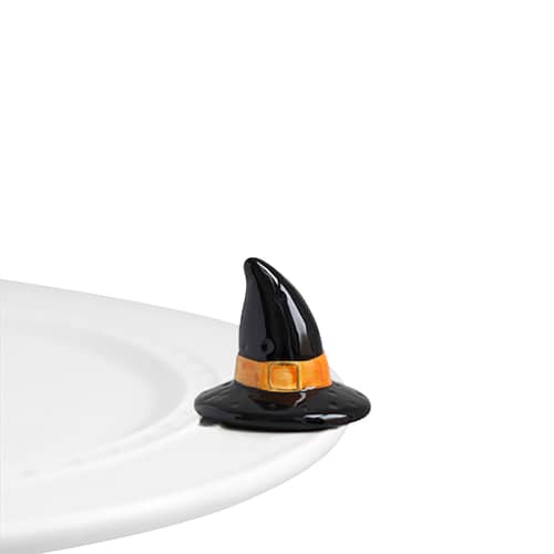 Miniature black witch hat with orange band, designed to clip onto a plate.
