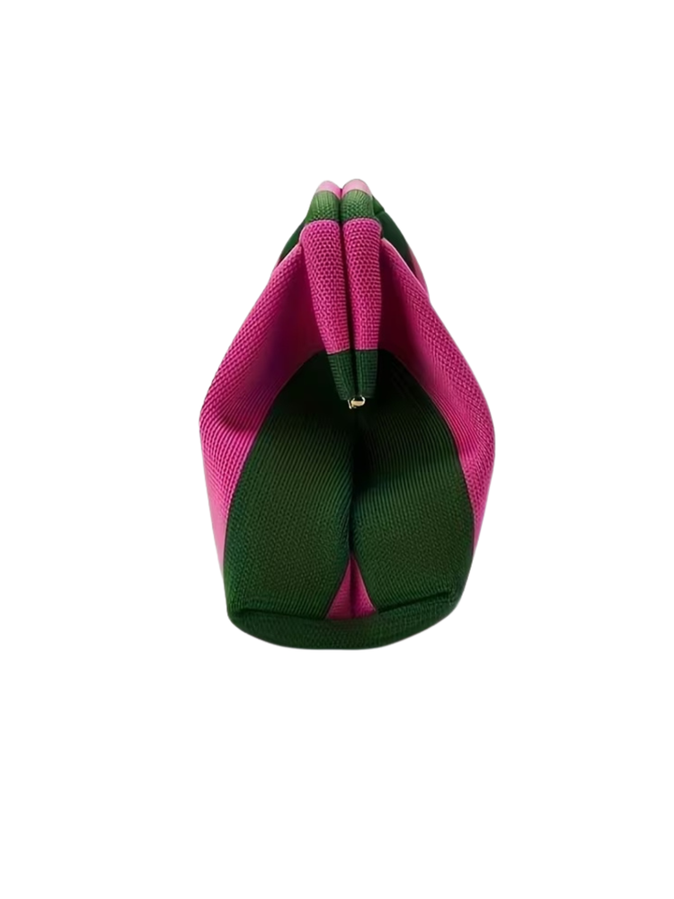 Top view of a pink and green striped knit clutch bag with a gold-tone clasp closure.