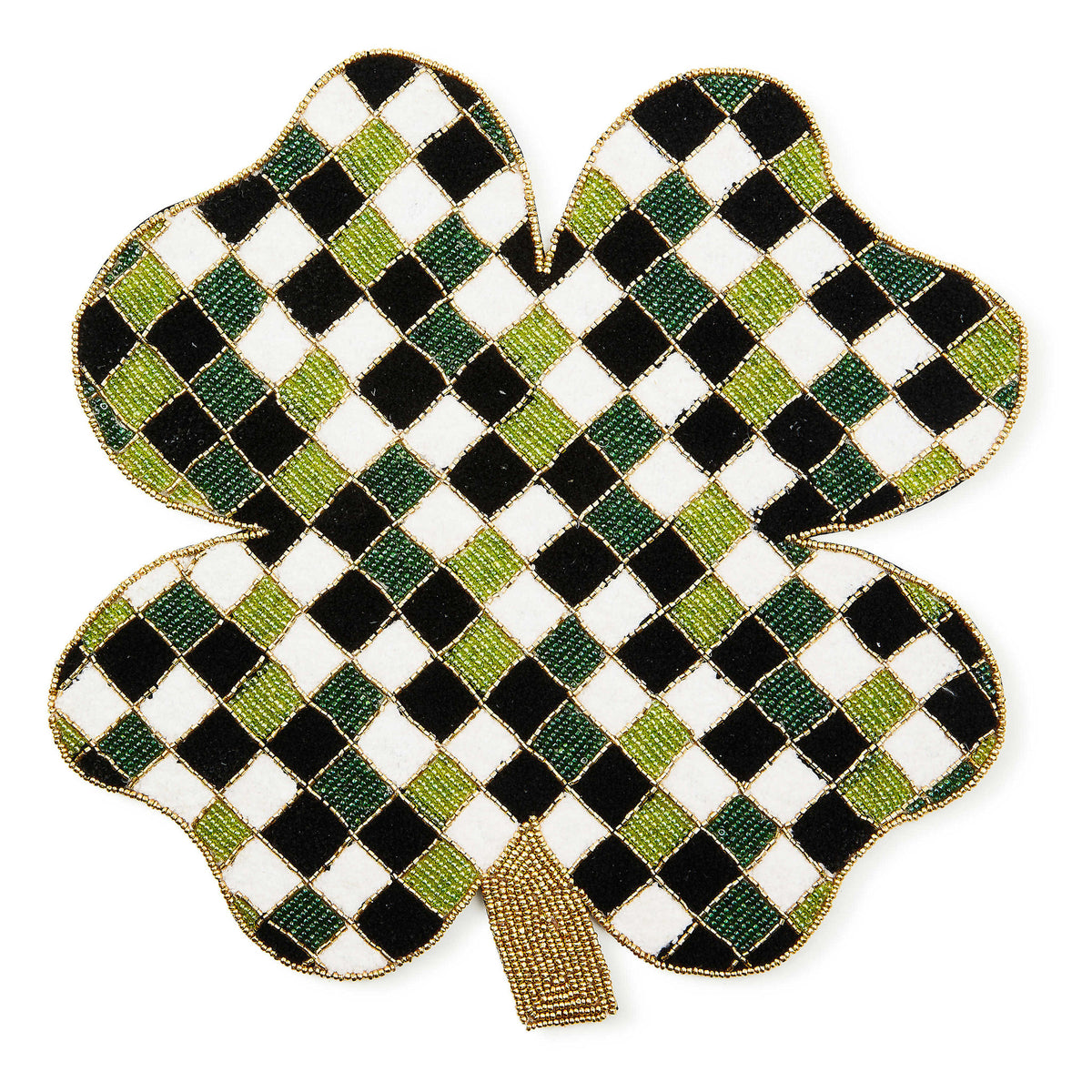 Beige clover-shaped placemat with beadwork and chenille trim.