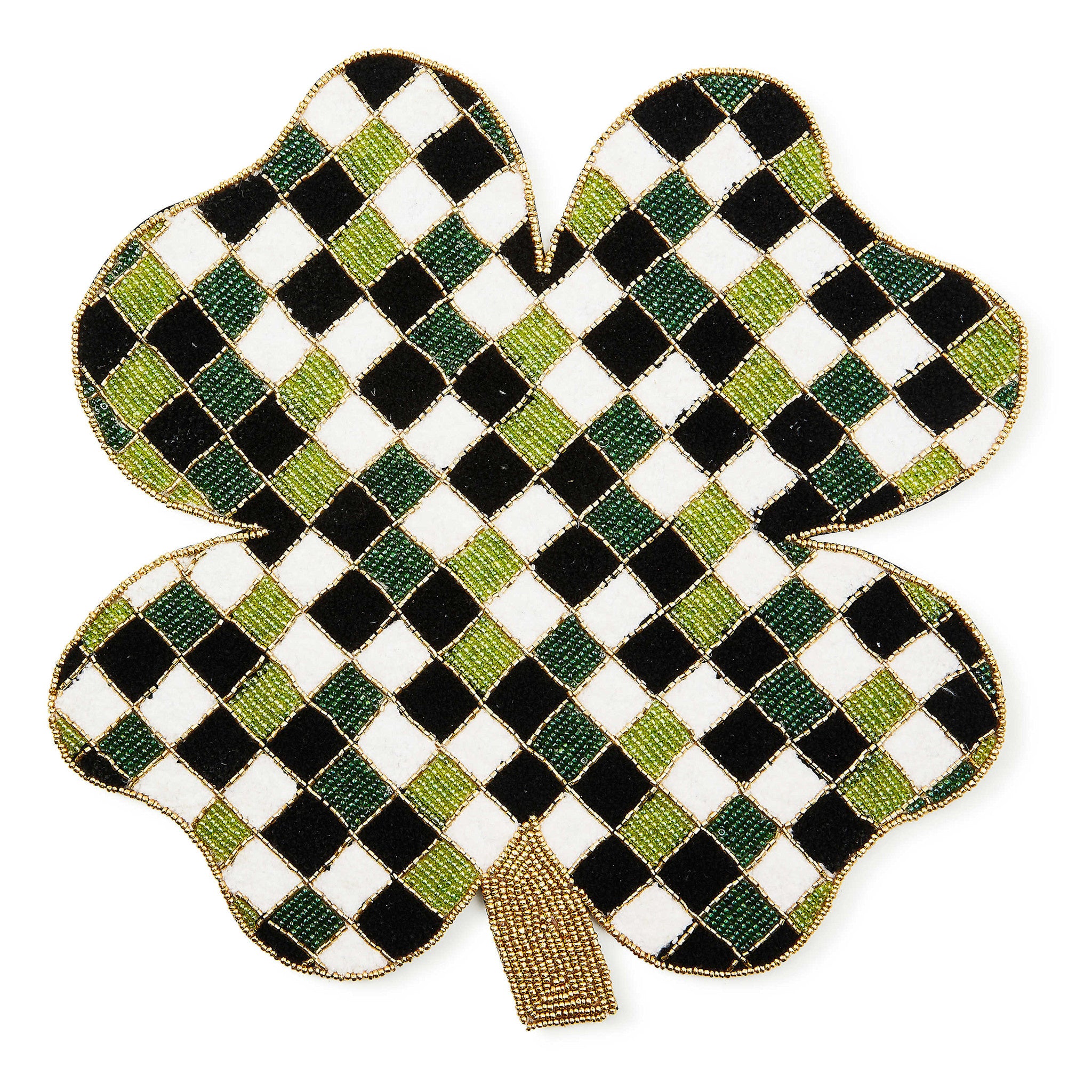 Beige clover-shaped placemat with beadwork and chenille trim.