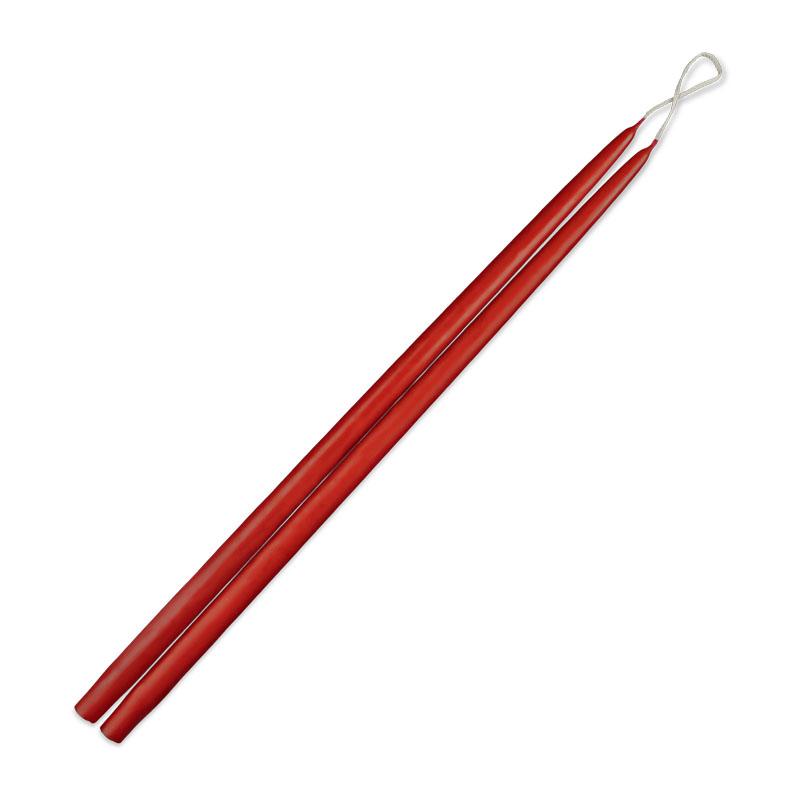 Two red tapered candles with a smooth cylindrical shape designed to fit standard taper holders.