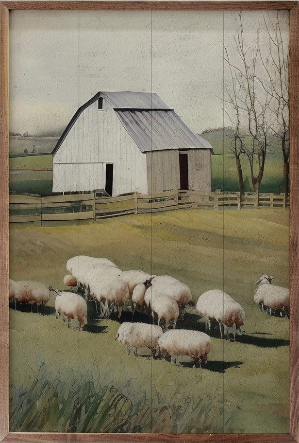 Hand-painted wooden plaque featuring a sheep in front of a barn with natural walnut frame.