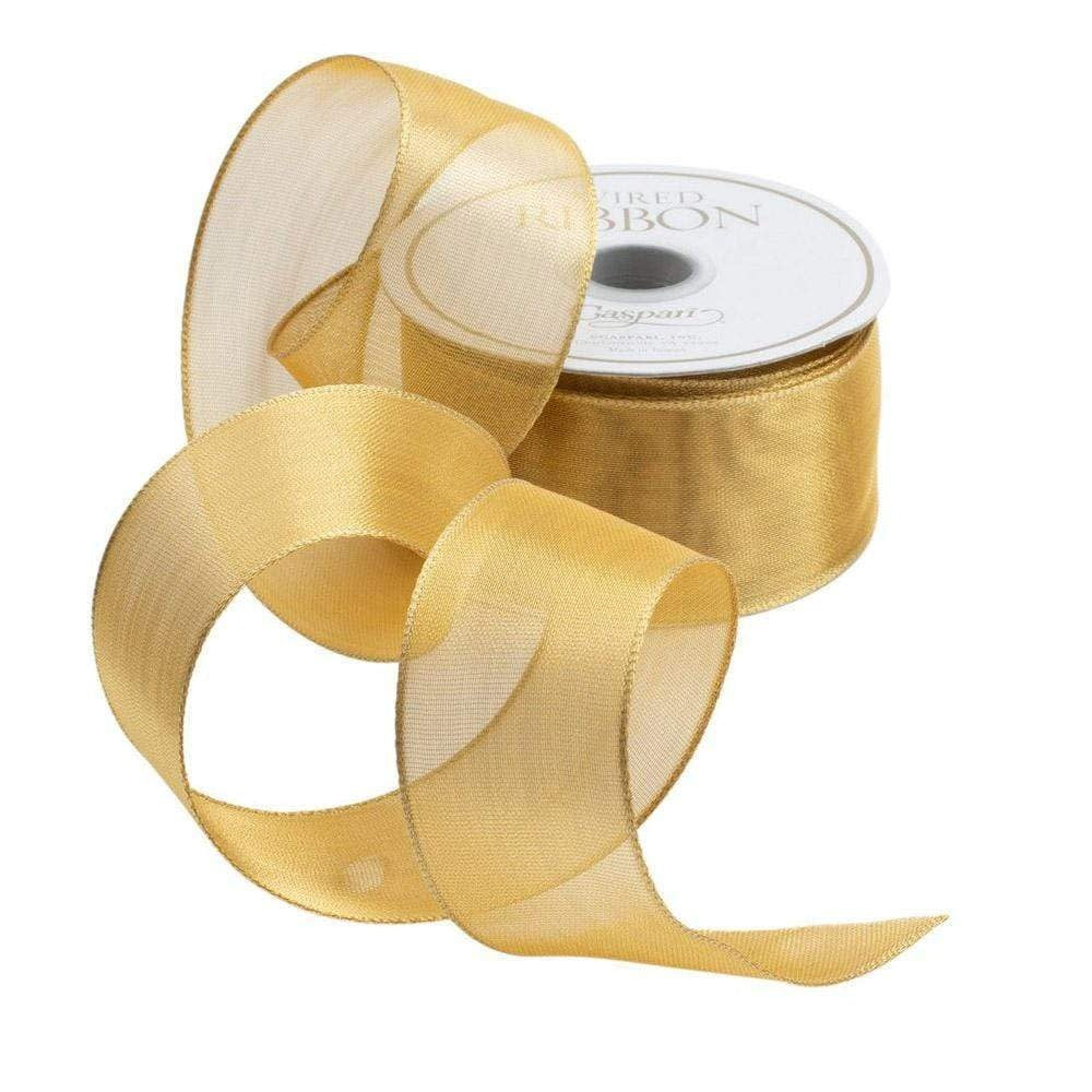 9-yard roll of sheer gold wired ribbon with a smooth finish.