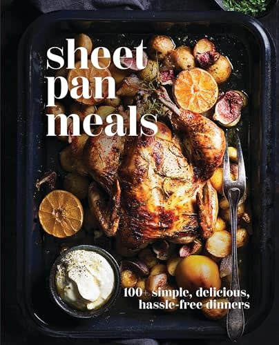 Sheet Pan Meals cookbook with savory chicken, roasted vegetables, and fish recipes.