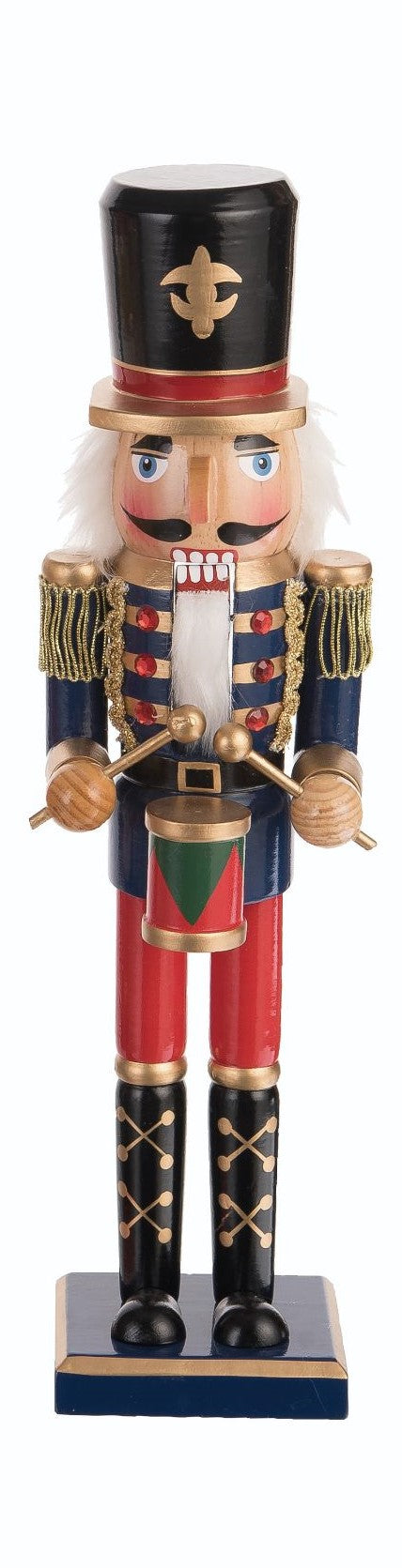 Wooden nutcracker figurine with royal blue accents on a natural wood finish.