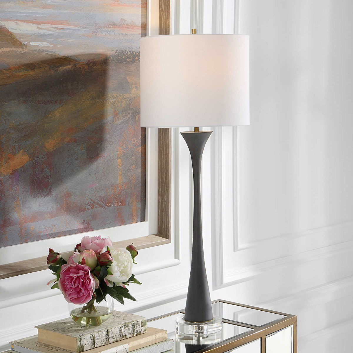 Black fountain-style buffet lamp with a cylindrical shade measuring 10 inches high by 12 inches in diameter.