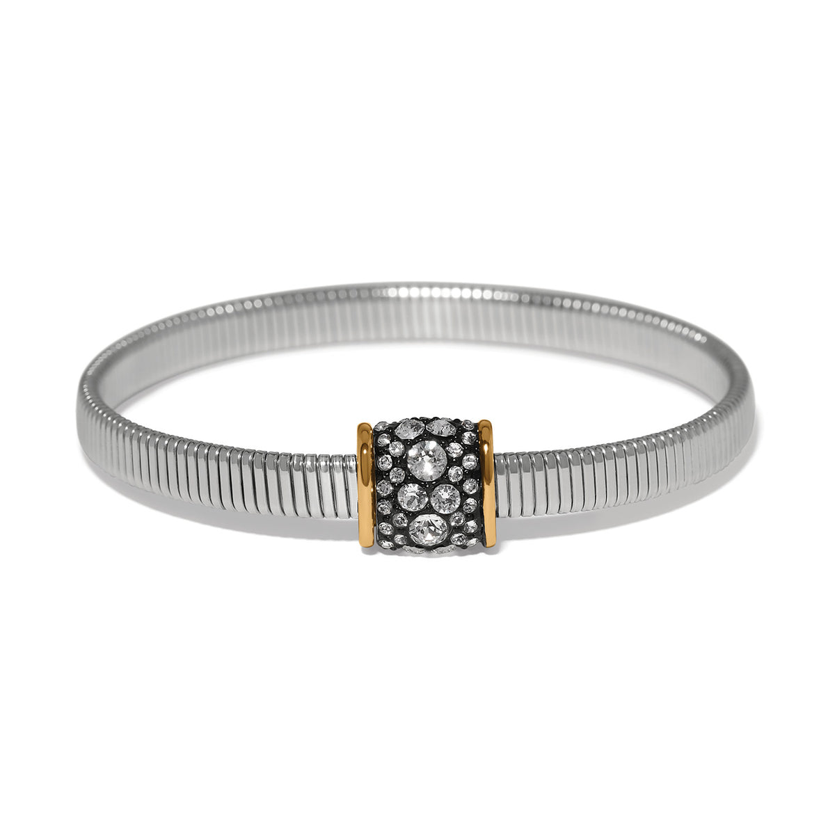 Meridian Solis silver spring hem bracelet with a two-tone gold and crystal-encrusted center bead.