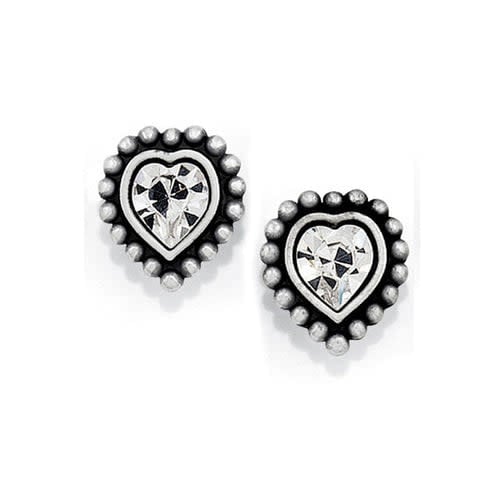 Silver plated mini post earrings featuring a heart-shaped crystal with a shimmering finish.