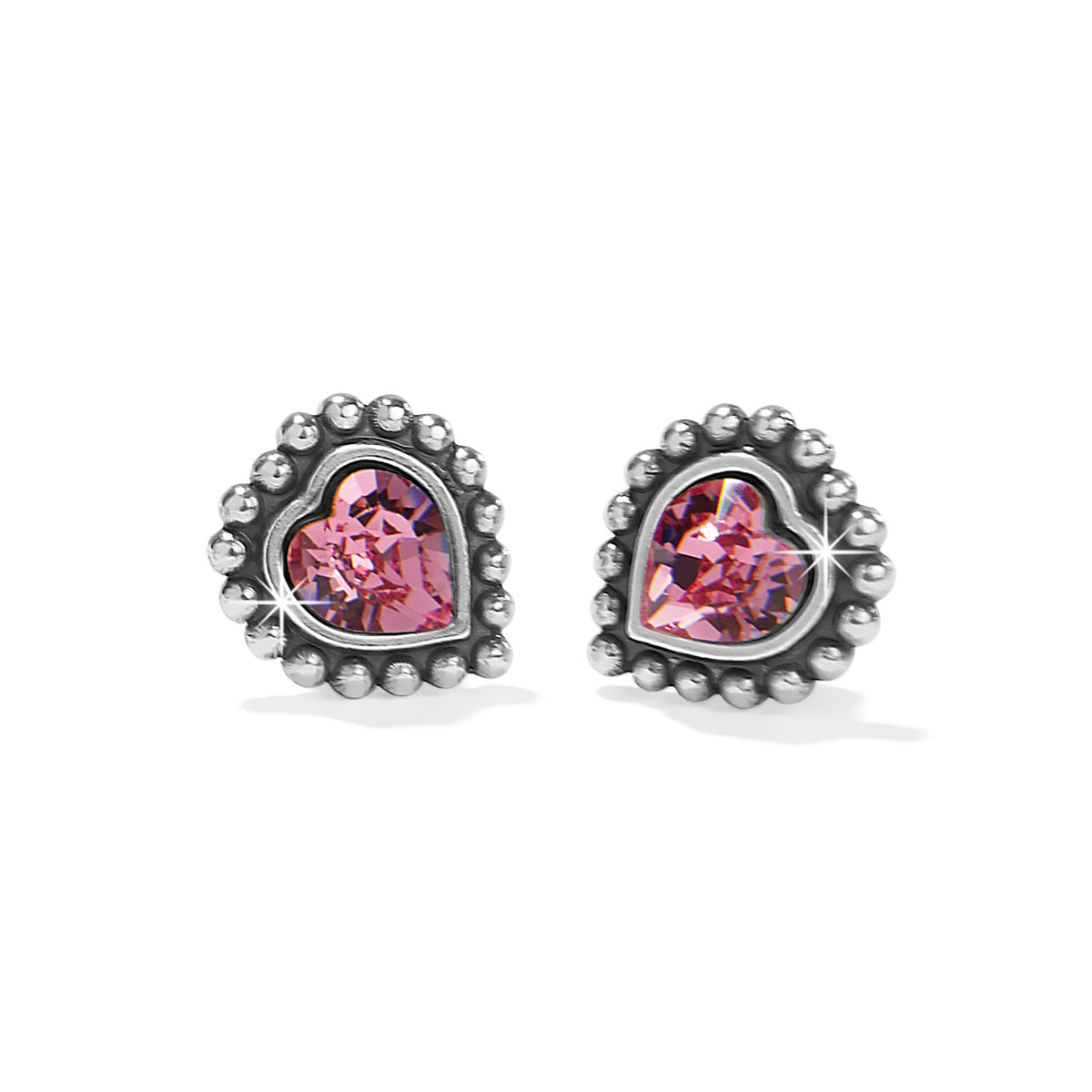 Silver-plated mini post earrings featuring a pink crystal heart with shimmering finish.