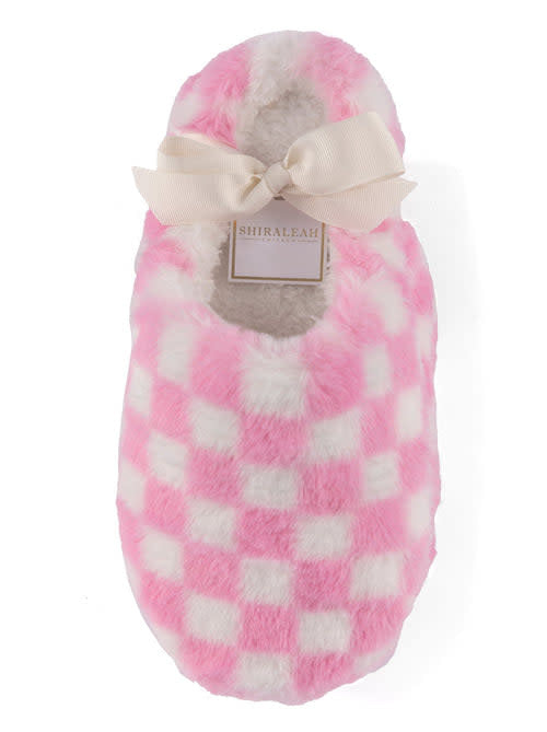 Pink closed-toe Striker slippers with checkered pattern, plush sherpa texture upper and rubber sole.