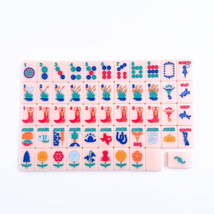 Texas-themed American Mahjong tiles featuring cowboy boots, armadillos, and Lone Star symbols.