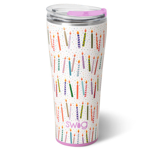 32oz stainless steel tumbler with a white background and colorful birthday candle pattern.