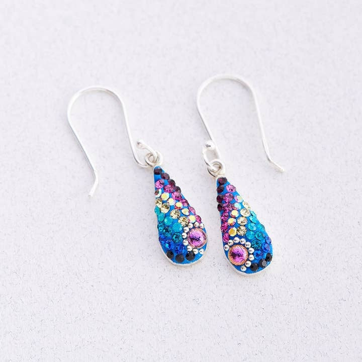 Short teardrop earrings in sterling silver with Austrian crystals forming a sparkling geometric pattern.