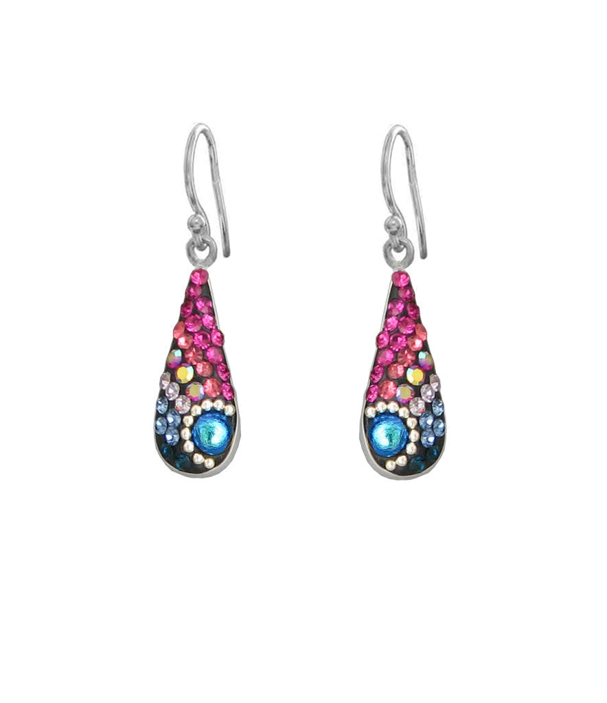 Short teardrop earrings in sterling silver with Austrian crystals forming a sparkling geometric pattern.