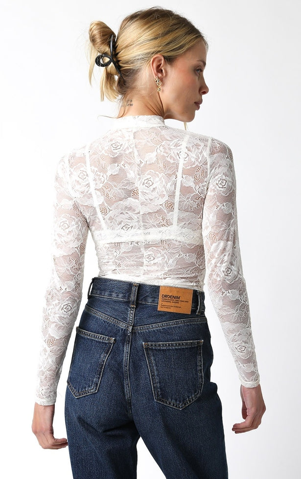 Emily Lace Top in black nylon with a delicate lace overlay and fitted silhouette.