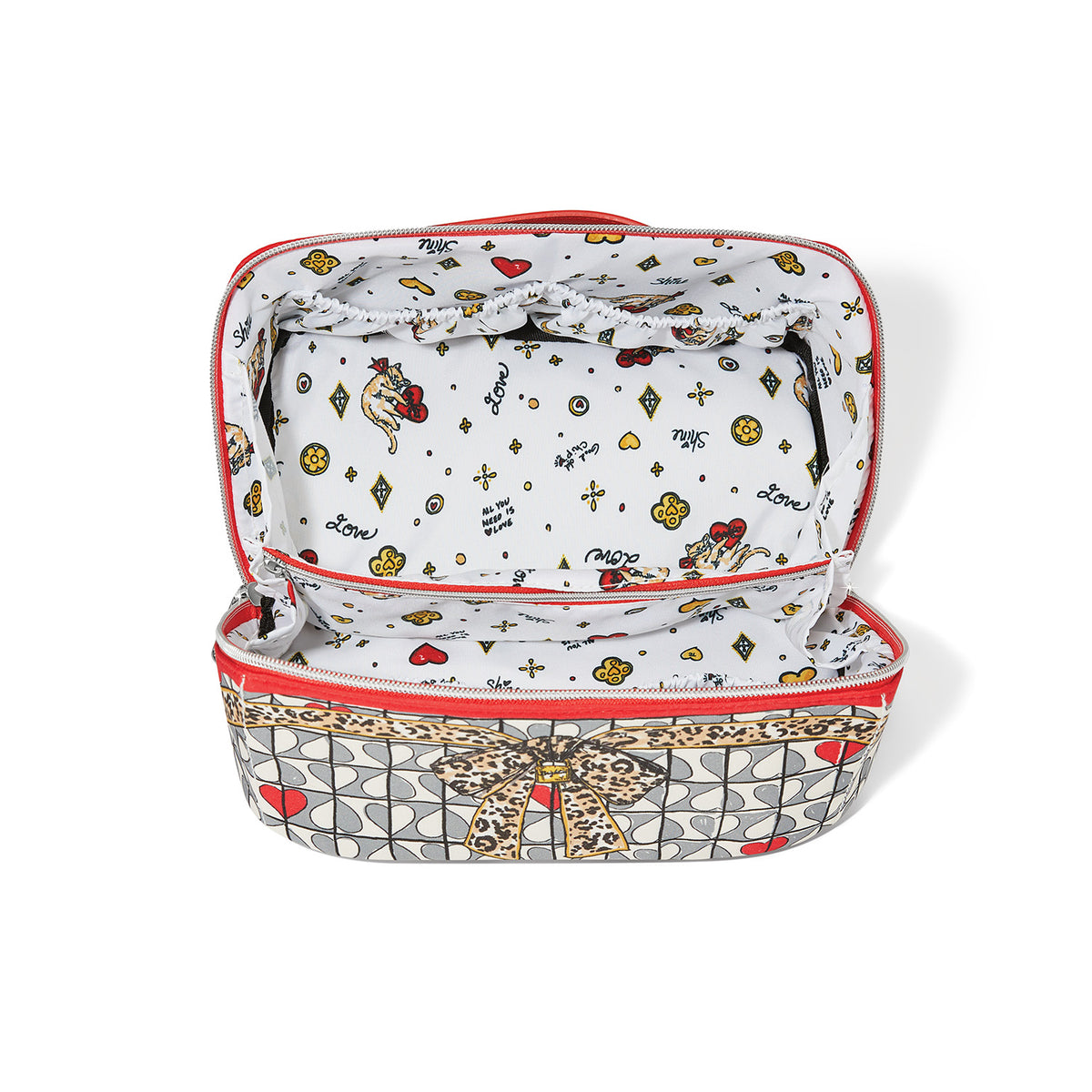 Open Wild Love Cosmetic Bag with leopard print bow, heart patterns, and multiple compartments.
