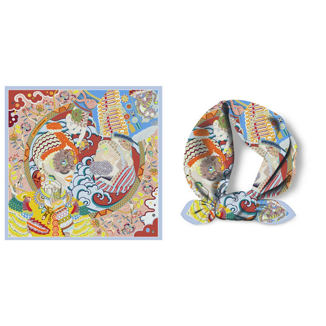 Twilled Satin Mini Scarf with a colorful, intricate pattern shown flat and tied in a bow.