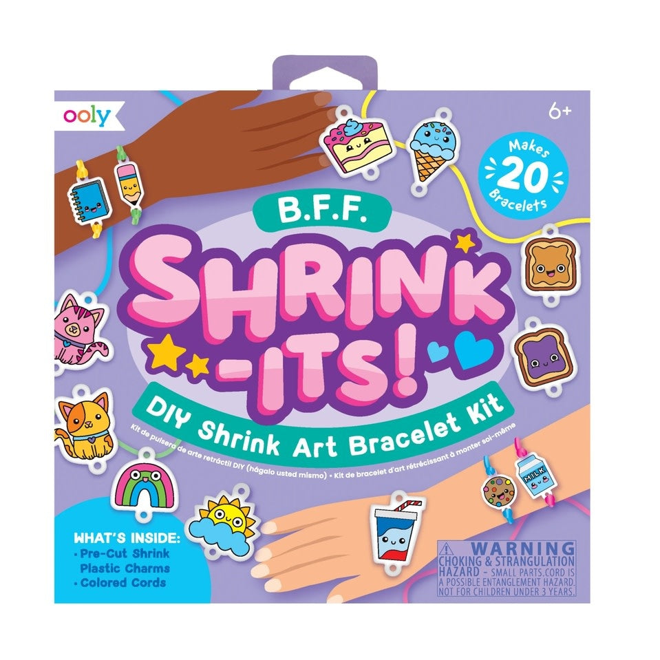 DIY shrink art bracelet kit with pre-cut plastic charms featuring ice cream, cats, and bees designs on blue, green, yellow, and red cords.