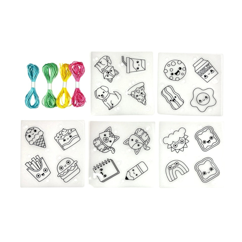 DIY shrink art bracelet kit with pre-cut plastic charms featuring ice cream, cats, and bees designs on blue, green, yellow, and red cords.