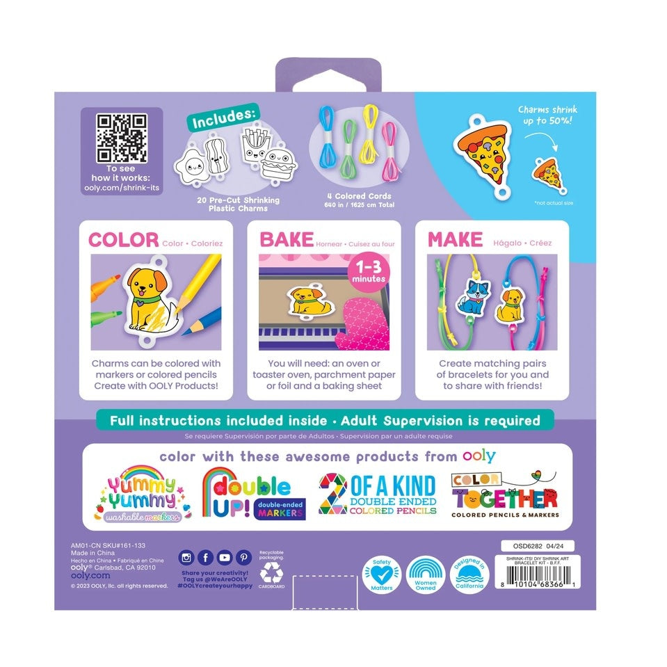 DIY shrink art bracelet kit with pre-cut plastic charms featuring ice cream, cats, and bees designs on blue, green, yellow, red cords.