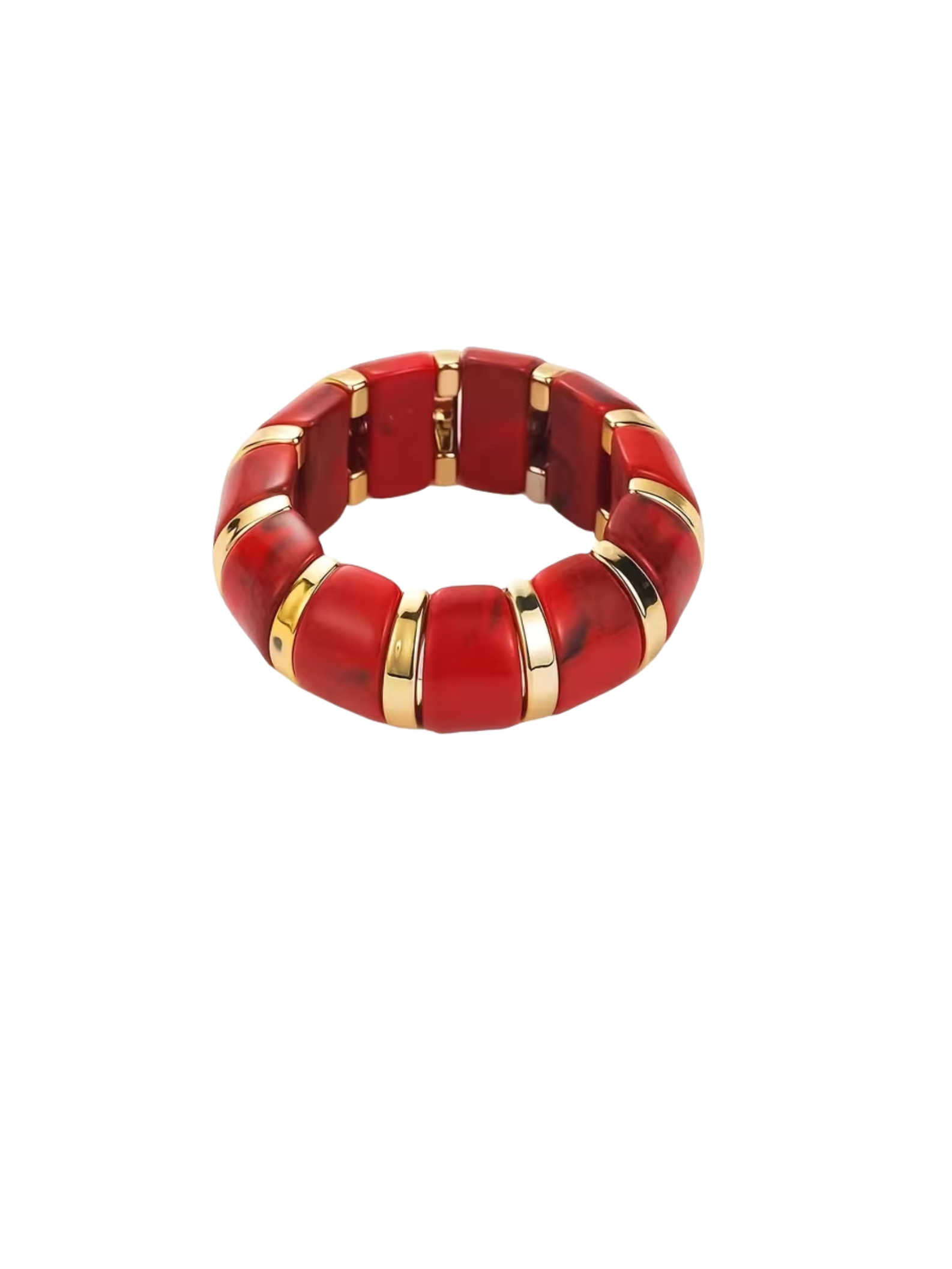 Red marbled acrylic stretch bracelet with gold-tone metal spacers.