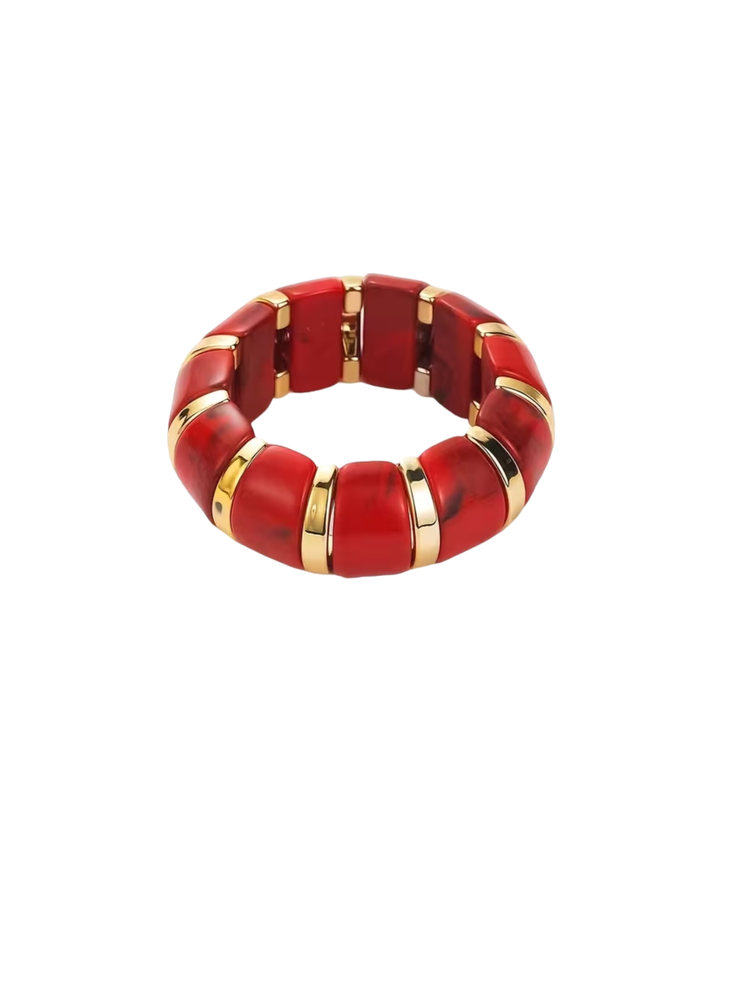 Red marbled acrylic stretch bracelet with gold-tone metal spacers.