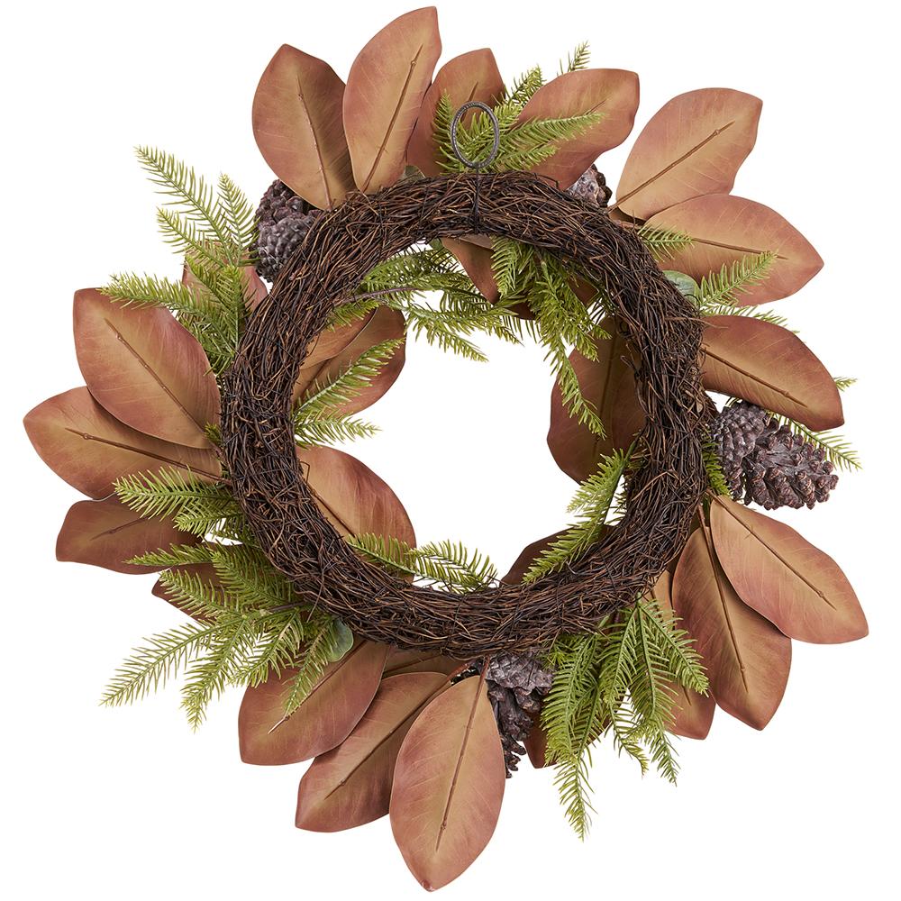 24-inch wreath with brown magnolia leaves, green pine needles, and pine cones on a grapevine base.
