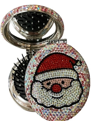 Compact Christmas BLING brush and mirror with a rhinestone Santa Claus design.