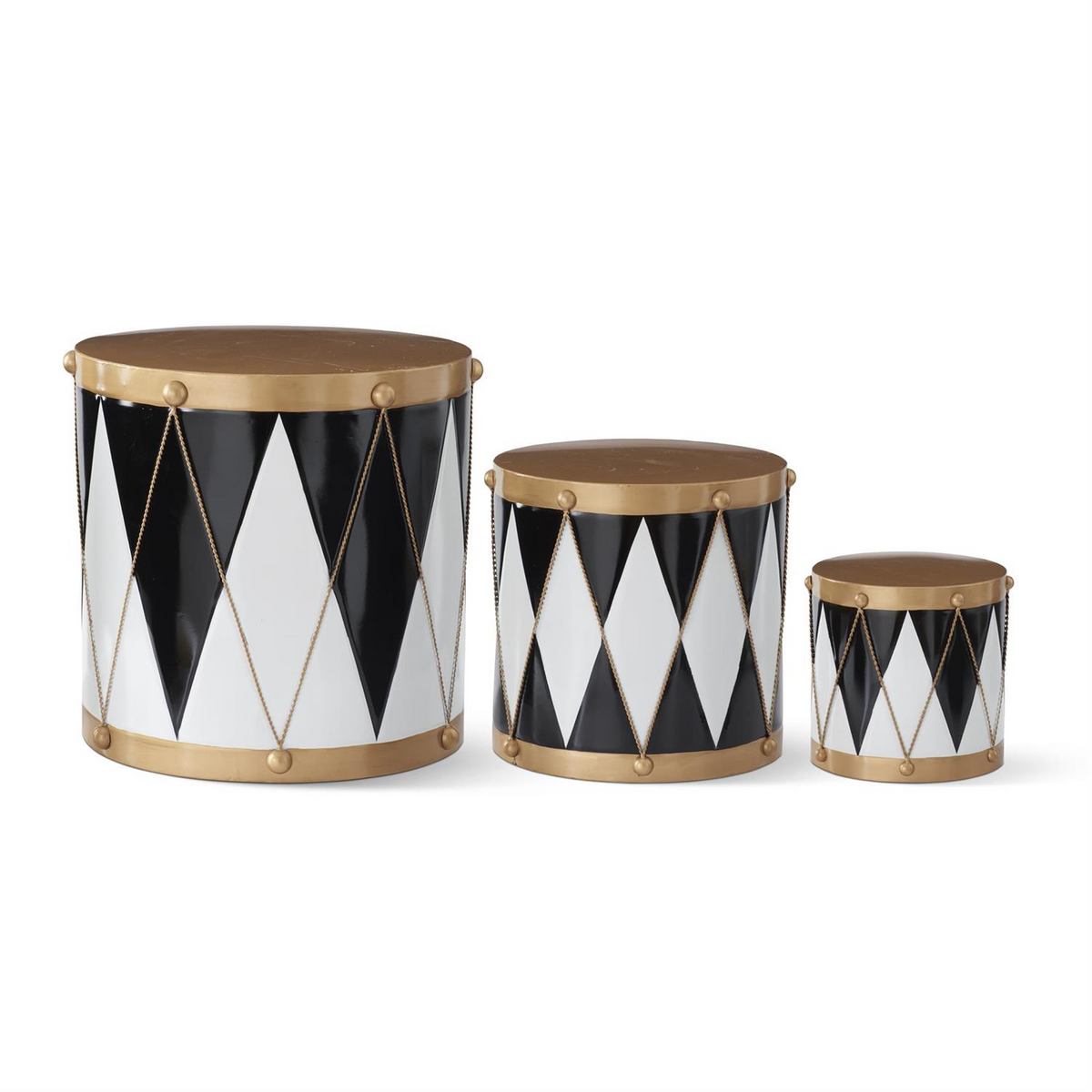 Set of three nesting drum containers in black and white harlequin pattern with gold trim.