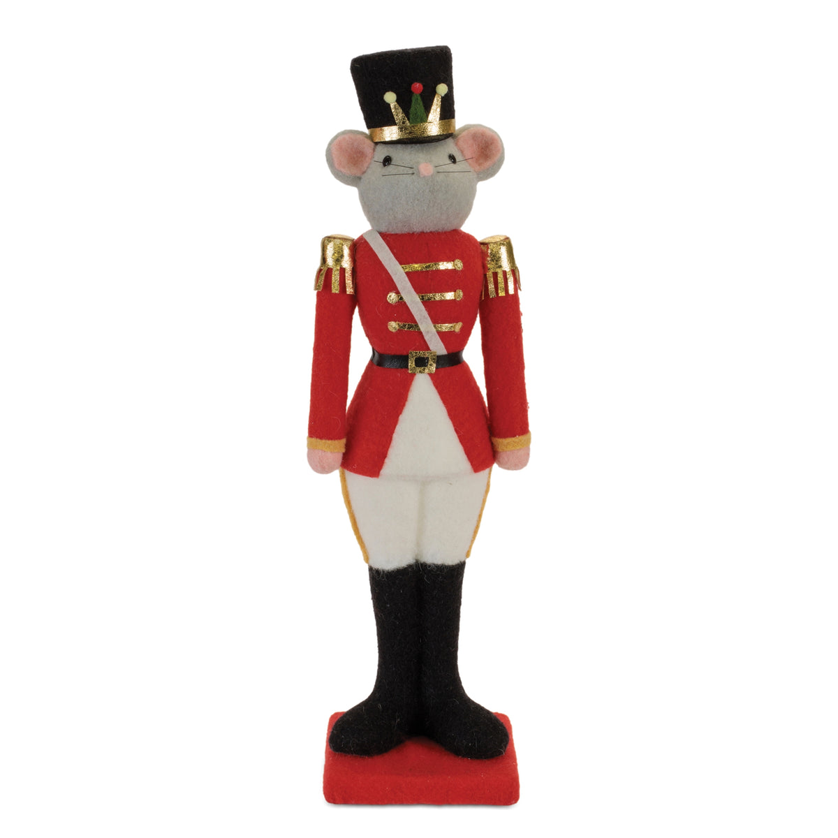Felt mouse soldier figurine in a red and white uniform with a black hat and gold accents.